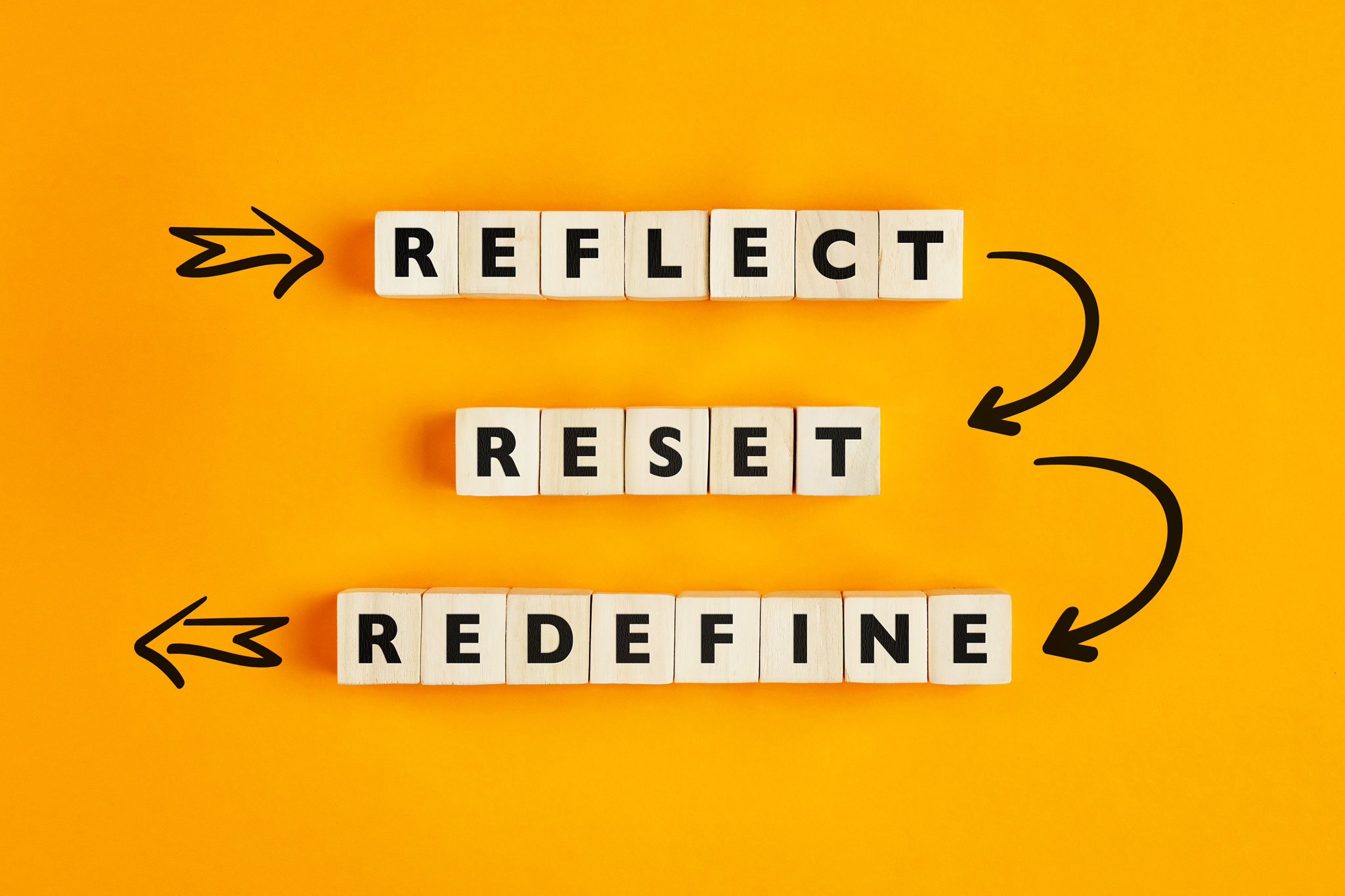 Image showing the words Reflect, Reset and Redefine on wooden blocks. Image: iStock.com/cagkansayin