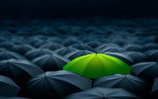 Different leader best unique boss individuality original special green sustainability umbrellas concept. Image: iStock.com/Filograph