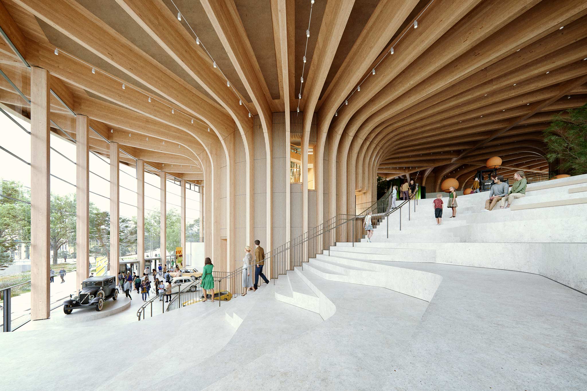 World of Volvo interior, showing circular stairs going up around the architectural wooden building core, with huge windows showing the surrounding nature.